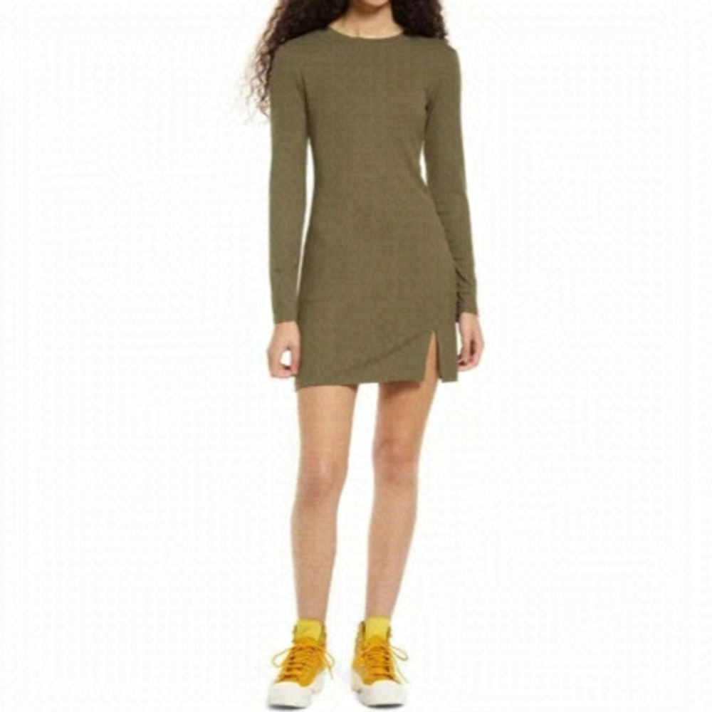 BP Women Fitted Ribbed Olive Dress BNWOT Sz XSmall Front Slit Long Sleeve